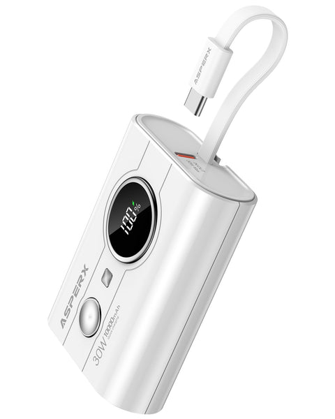 AsperX Power Bank, 10000mAh 30W Caricatore Portatile Ricarica Rapida, Powerbank con cavo USB-C integrato, 2 porte USB-C, 1 porta USB-A, compatibile con 15/14, Galaxy, iPad, AirPods, Nero