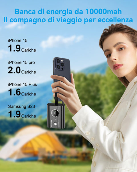 AsperX Power Bank, 10000mAh 30W Caricatore Portatile Ricarica Rapida, Powerbank con cavo USB-C integrato, 2 porte USB-C, 1 porta USB-A, compatibile con 15/14, Galaxy, iPad, AirPods, Nero