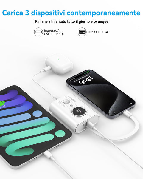 AsperX Power Bank, 10000mAh 30W Caricatore Portatile Ricarica Rapida, Powerbank con cavo USB-C integrato, 2 porte USB-C, 1 porta USB-A, compatibile con 15/14, Galaxy, iPad, AirPods, Nero