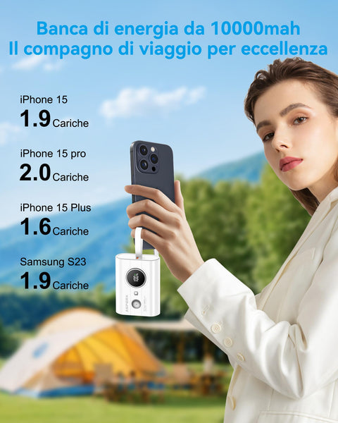 AsperX Power Bank, 10000mAh 30W Caricatore Portatile Ricarica Rapida, Powerbank con cavo USB-C integrato, 2 porte USB-C, 1 porta USB-A, compatibile con 15/14, Galaxy, iPad, AirPods, Nero