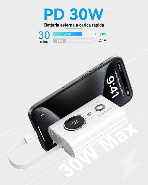 AsperX Power Bank, 10000mAh 30W Caricatore Portatile Ricarica Rapida, Powerbank con cavo USB-C integrato, 2 porte USB-C, 1 porta USB-A, compatibile con 15/14, Galaxy, iPad, AirPods, Nero