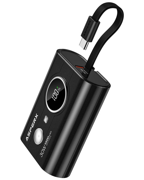 AsperX Power Bank, 10000mAh 30W Caricatore Portatile Ricarica Rapida, Powerbank con cavo USB-C integrato, 2 porte USB-C, 1 porta USB-A, compatibile con 15/14, Galaxy, iPad, AirPods, Nero